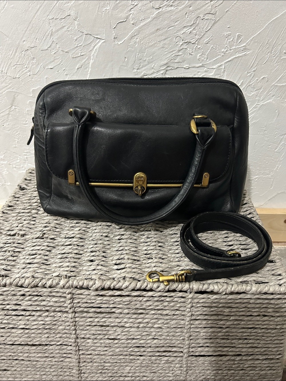 Vintage Etienne Aigner Black Leather Satchel Bag.